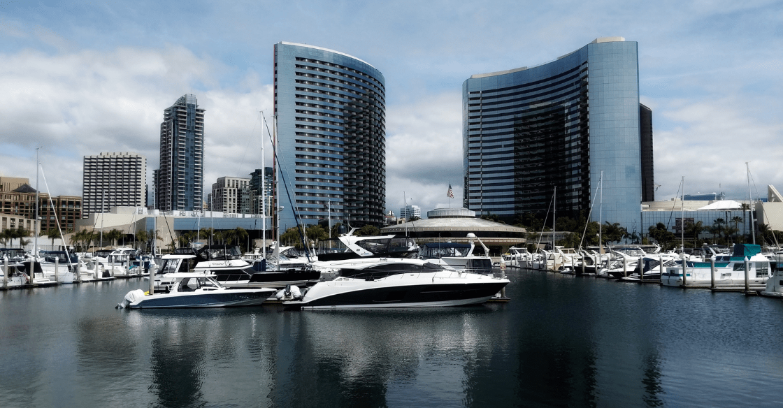 A yacht charter sits in the San Diego harbor.