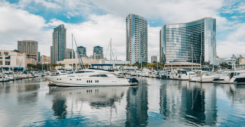 A yacht charter in the San Diego marina at the Embarcadero.