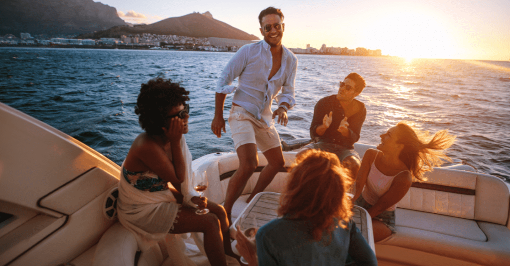 Group of friends enjoying a yacht charter.