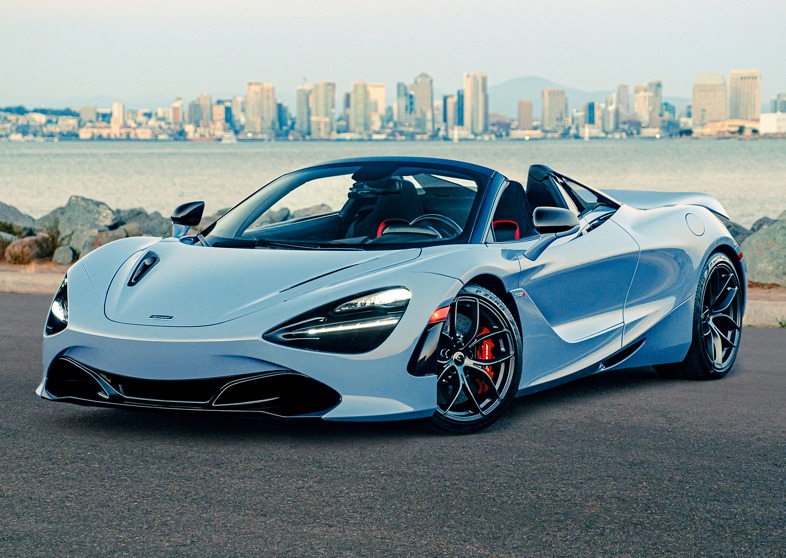 A light blue convertible sports car parked by a waterfront with a city skyline in the background